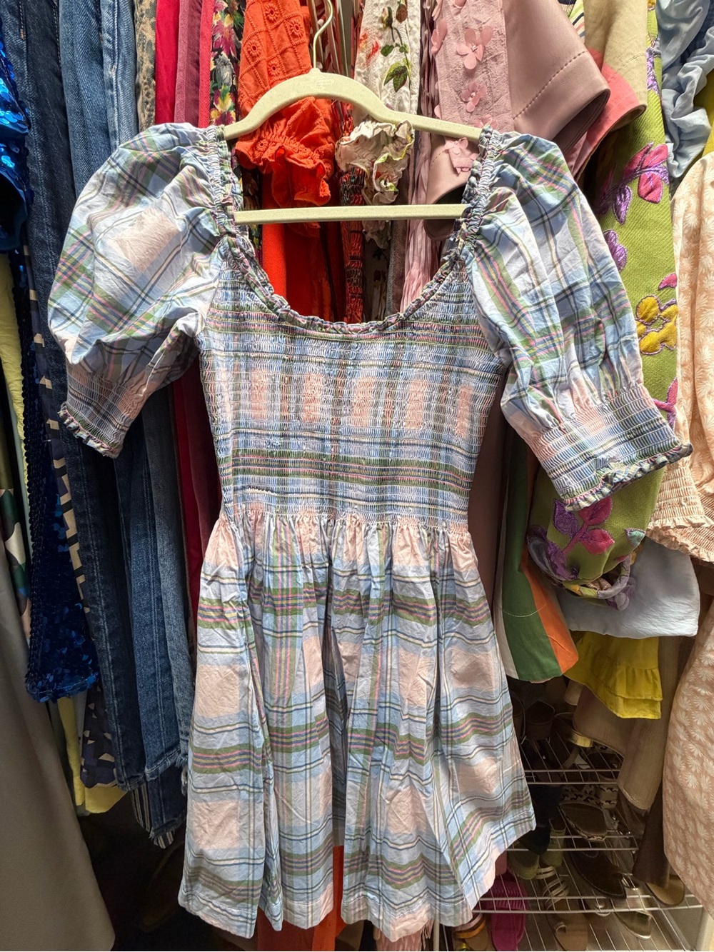 Hill House Mini Dress in Pastel Plaid (Blue, Pink, Green)